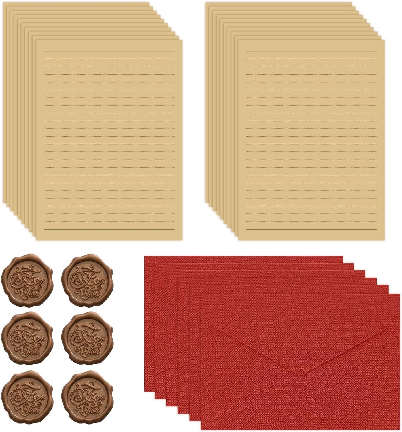 Vintage briefpapierset, 20-regelige kraftvellen, 6 enveloppen, 6 lakzegelstickers, briefpapier voor bruiloften en - Homevero
