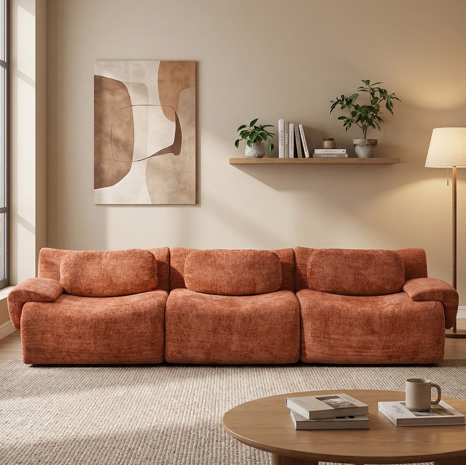 Wishdor 3-zitsbank - Rechte bank met brede armleuningen en dikke zitkussens - Zachte chenille bekleding en steunende rugleuning - Modern minimalistisch ontwerp - Woonkamer - Oranje - 288 x 101 x 69 cm