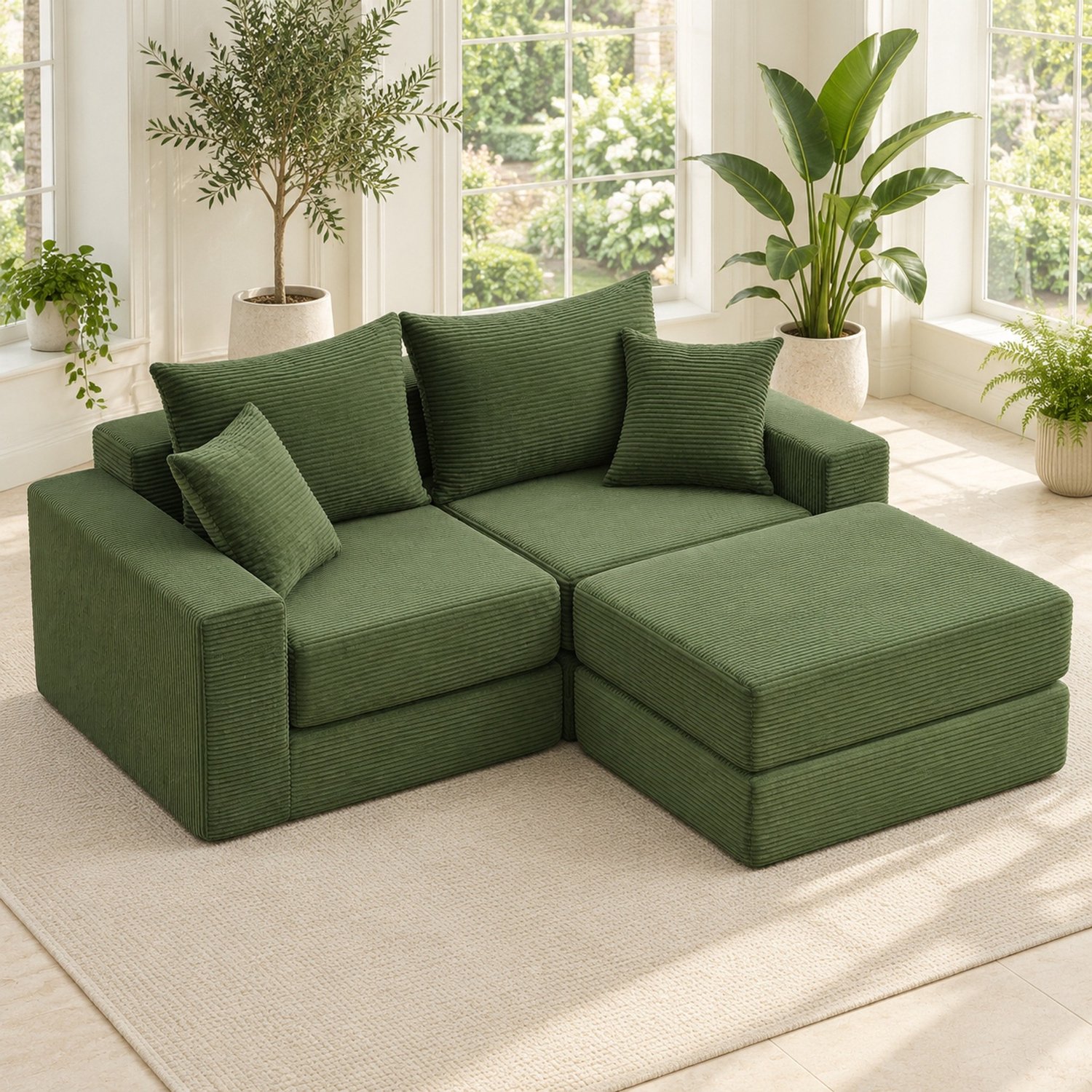 Wishdor Modulaire hoekbank - Flexibel als rechte bank, L-vormige bank of logeerbed - Brede armleuningen en antisliponderzijde - Modern voor de woonkamer - Ribstof - Groen - 259,5 x 96 x 80 cm