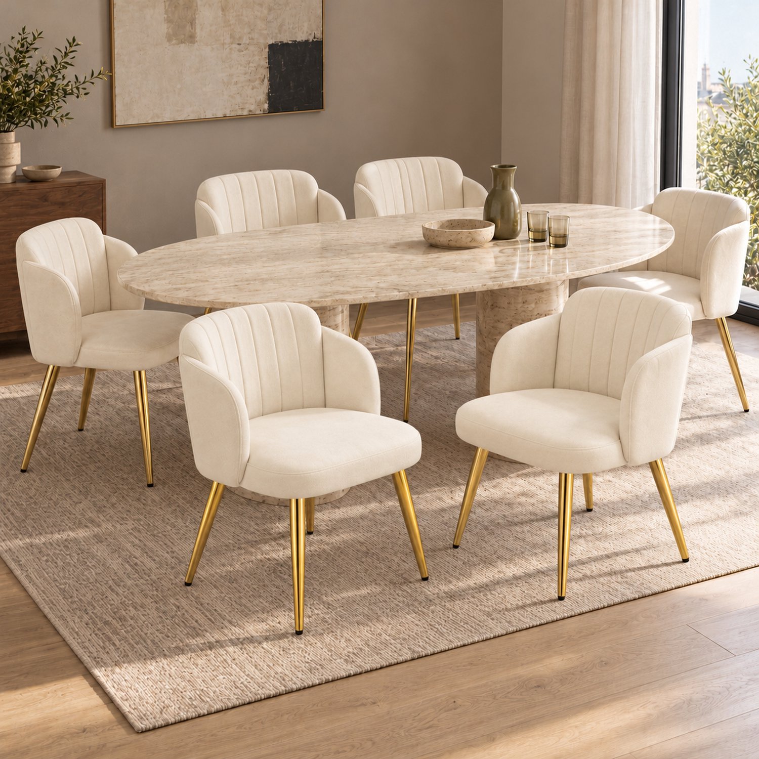 Clruro Eetkamerstoelen - Zitting 49x46 cm - 6 Stuks - Gebogen Rug - Polyester/Metaal - Wit