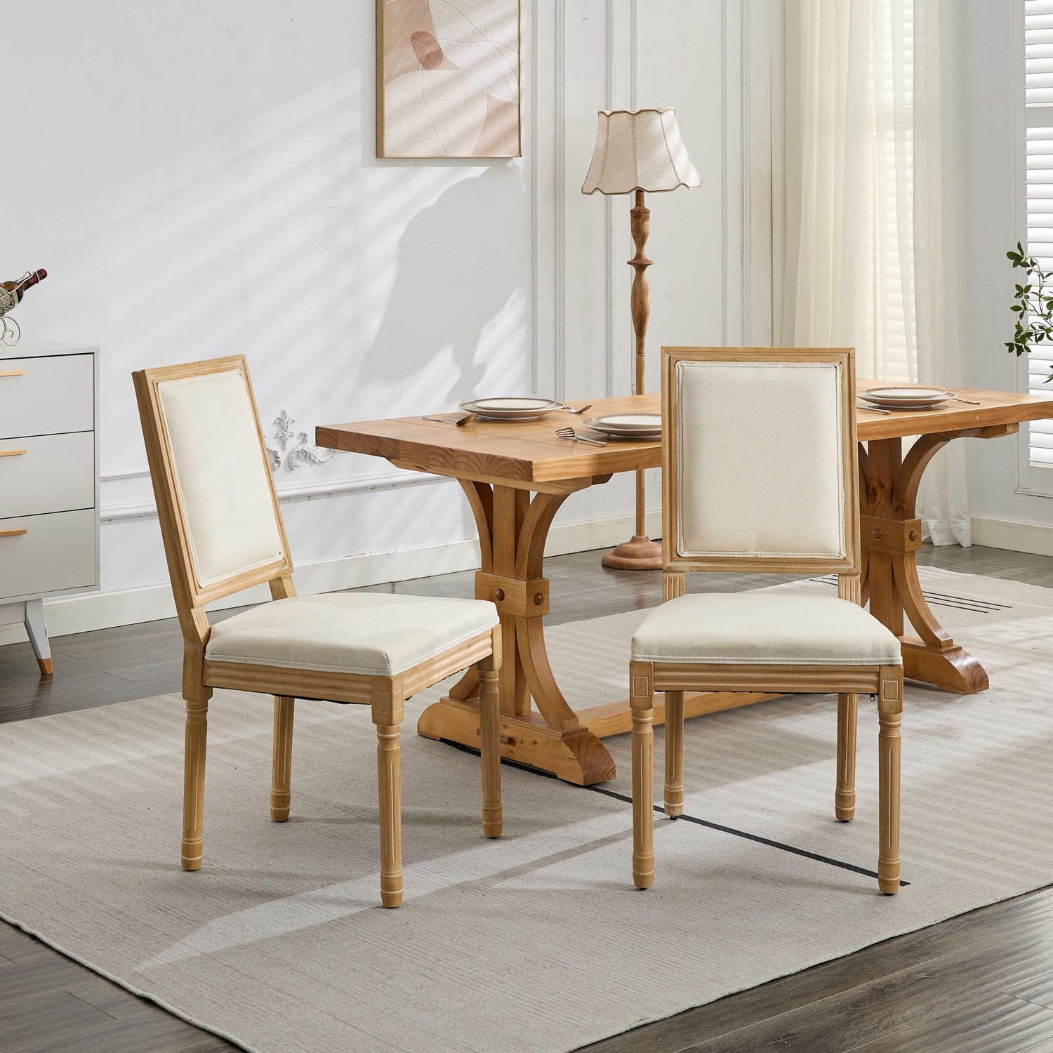 Clruro Eetkamerstoelen - 2 Stuks - Franse Stijl met Rotan Rug - Hout/Linnen - Beige