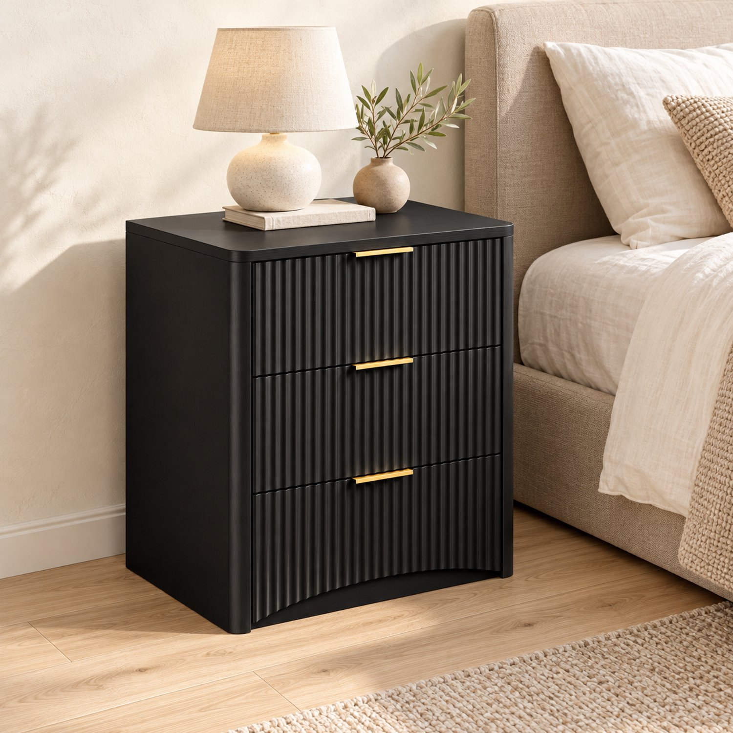 CHICFURN Nachtkastje - 3 lades - Zachte sluiting - 3 laden - Zwart