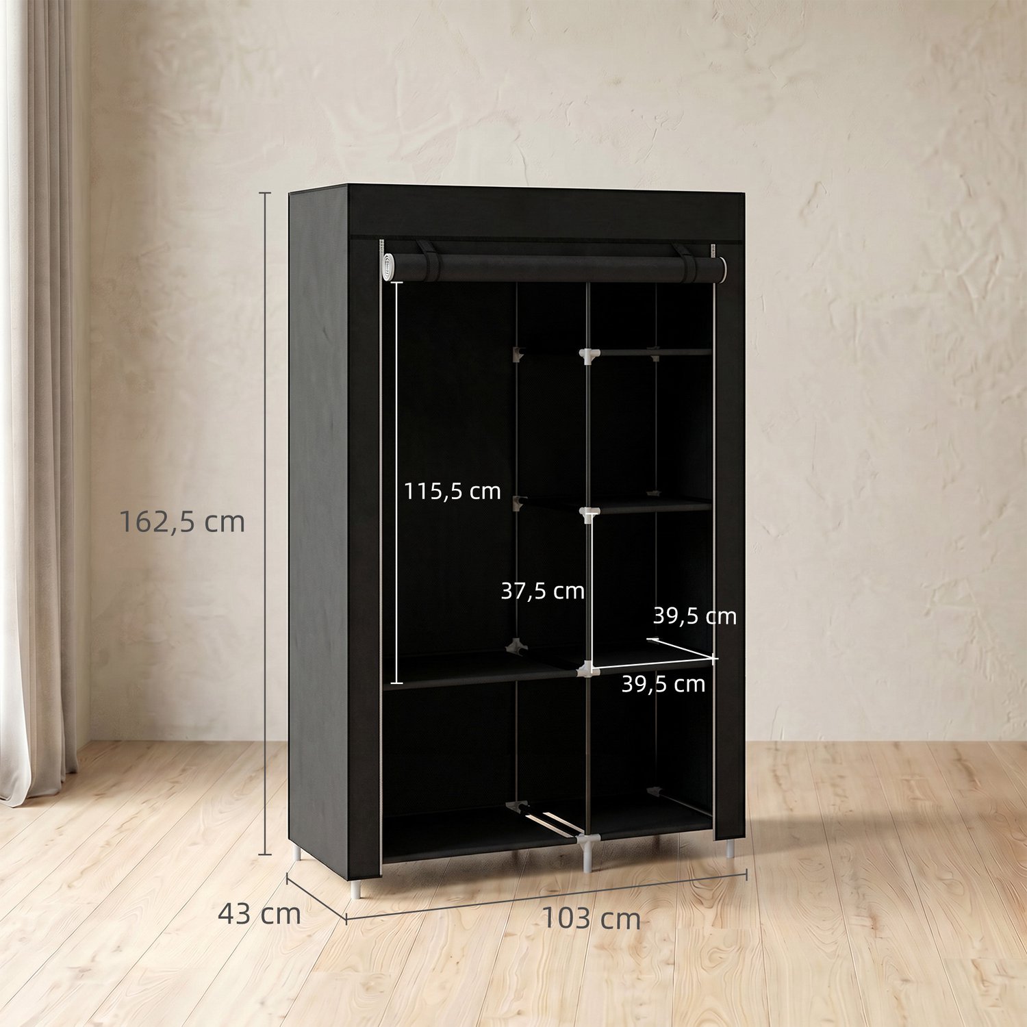 Lunpog Kledingkast Stoffen kast met kledingstang, 6 vakken, Opvouwbare garderobe in vlies-look, Opvouwbare kast voor slaapkamer, hal, Zwart, 103 x 43 x 162,5 cm