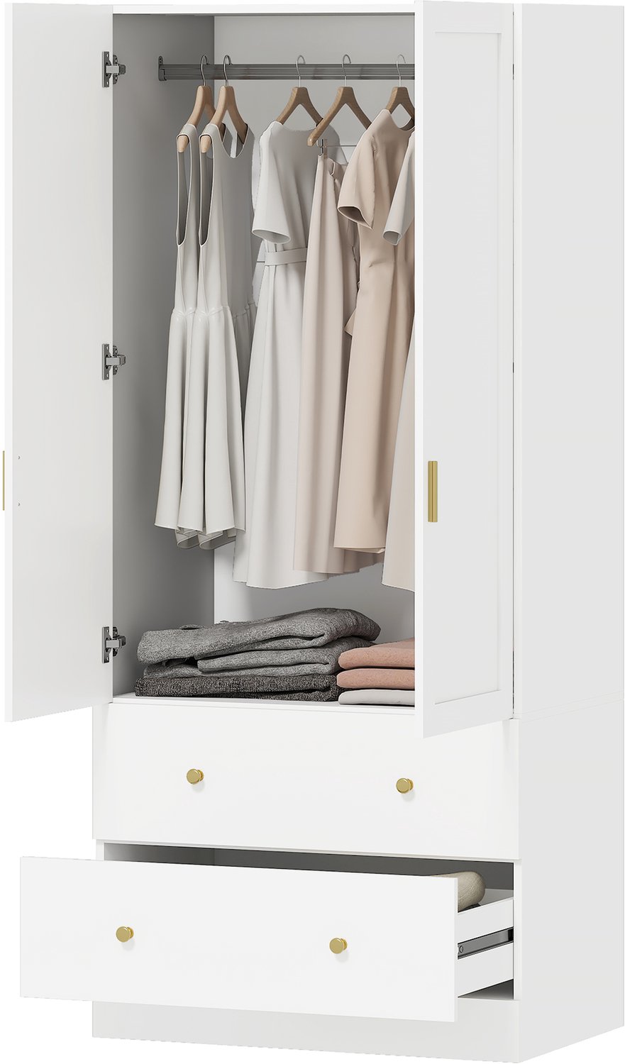 Lunpog Kledingkast met Spiegel - Wit - 2 Lades - 2 Deur - Garderobekast Slaapkamer - Opbergkast Kleding - 80 x 50 x 180 cm