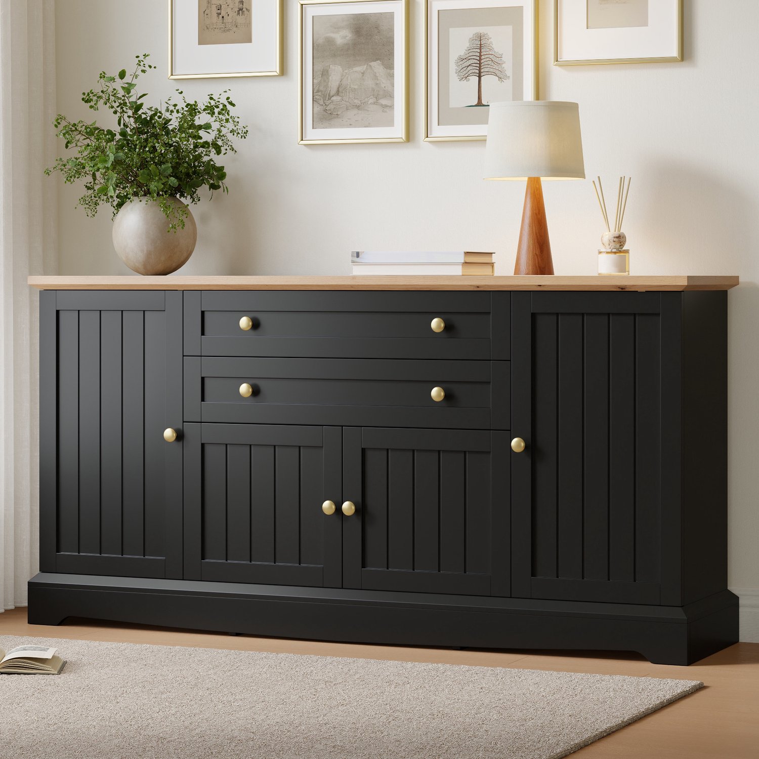 REDOM Dressoir 160 cm breed - 4 deuren en 2 lades met verstelbare legplanken - Zwart