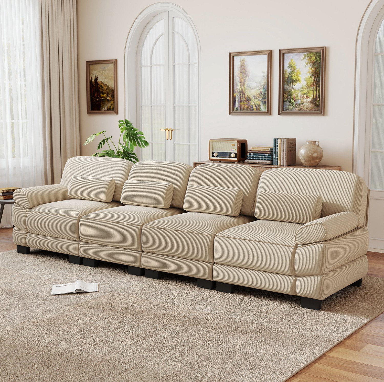 Wishdor 4-zitsbank - Modulair in L- of U-vorm - Zachte ribstof met subtiele glans - Afneembare armleuningen en lendenkussen - Losse modules met koppelingen - Beige - Woonkamer - 336 x 88,5 x 94 cm