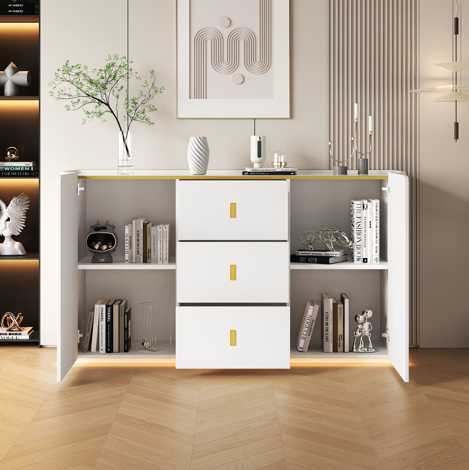 REDOM Dressoir 150x35x80 cm - 2 deuren en 3 lades - LED-verlichting met bluetooth - Wit