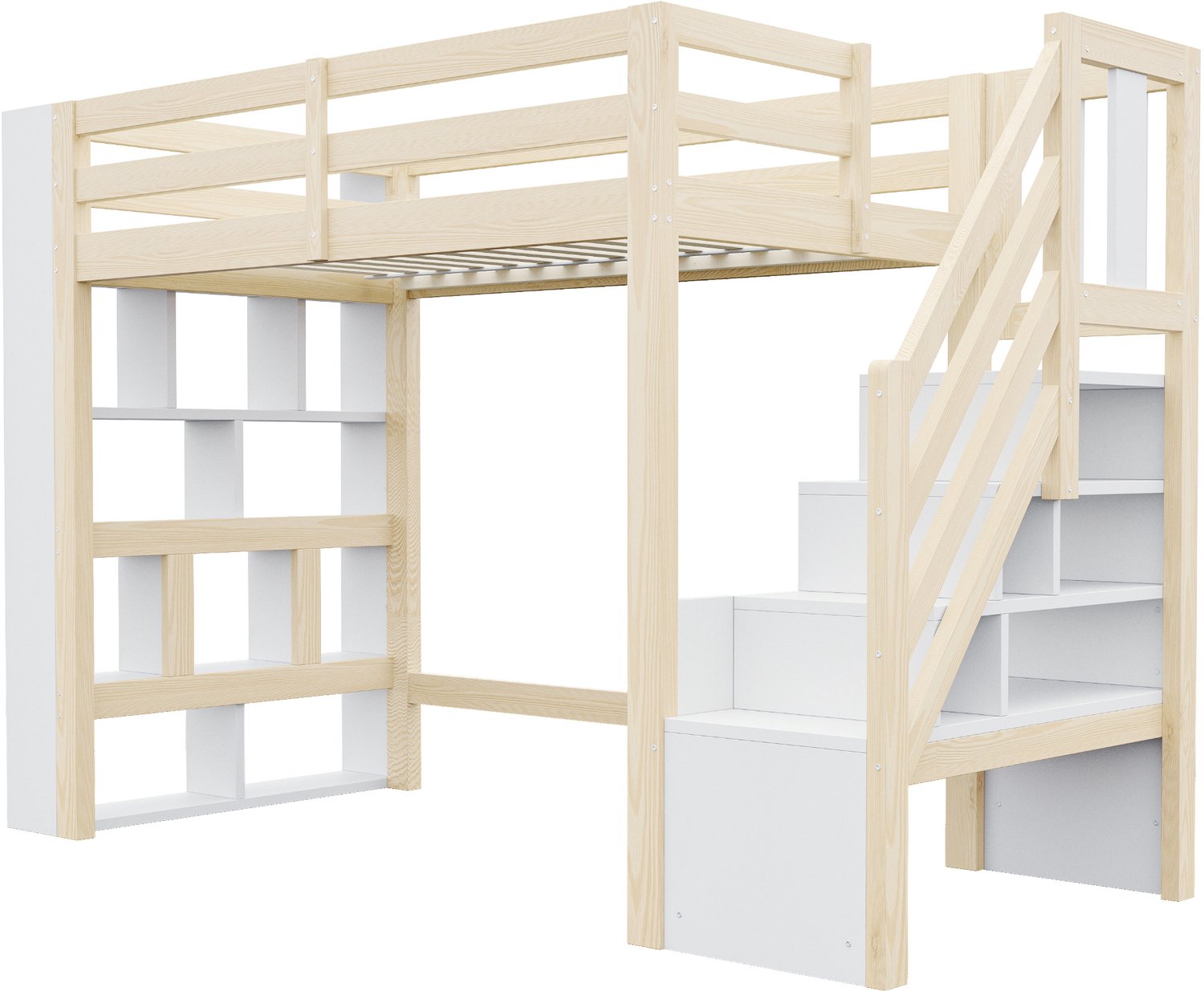 MUVANO Houten hoogslaper 90x200 cm - Opbergtrap en open vakken - Ledverlichting en lattenbodem - Uitvalbeveiliging - Kinderkamer - Naturel/wit