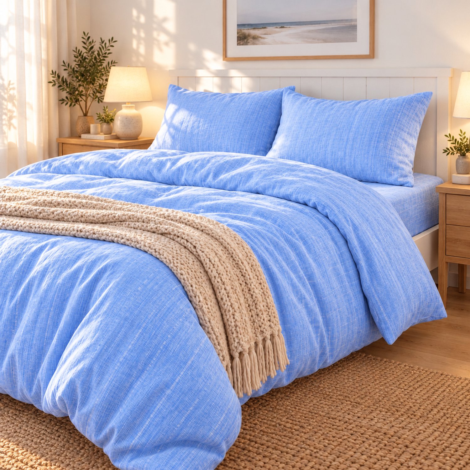 Maison Elara Dekbedovertrek Set 4-delig - 200x220 cm - incl. Hoeslaken 160x200x30 cm & 2 Kussenslopen 60x70 cm - Microvezel met Streepstructuur - Lichtblauw