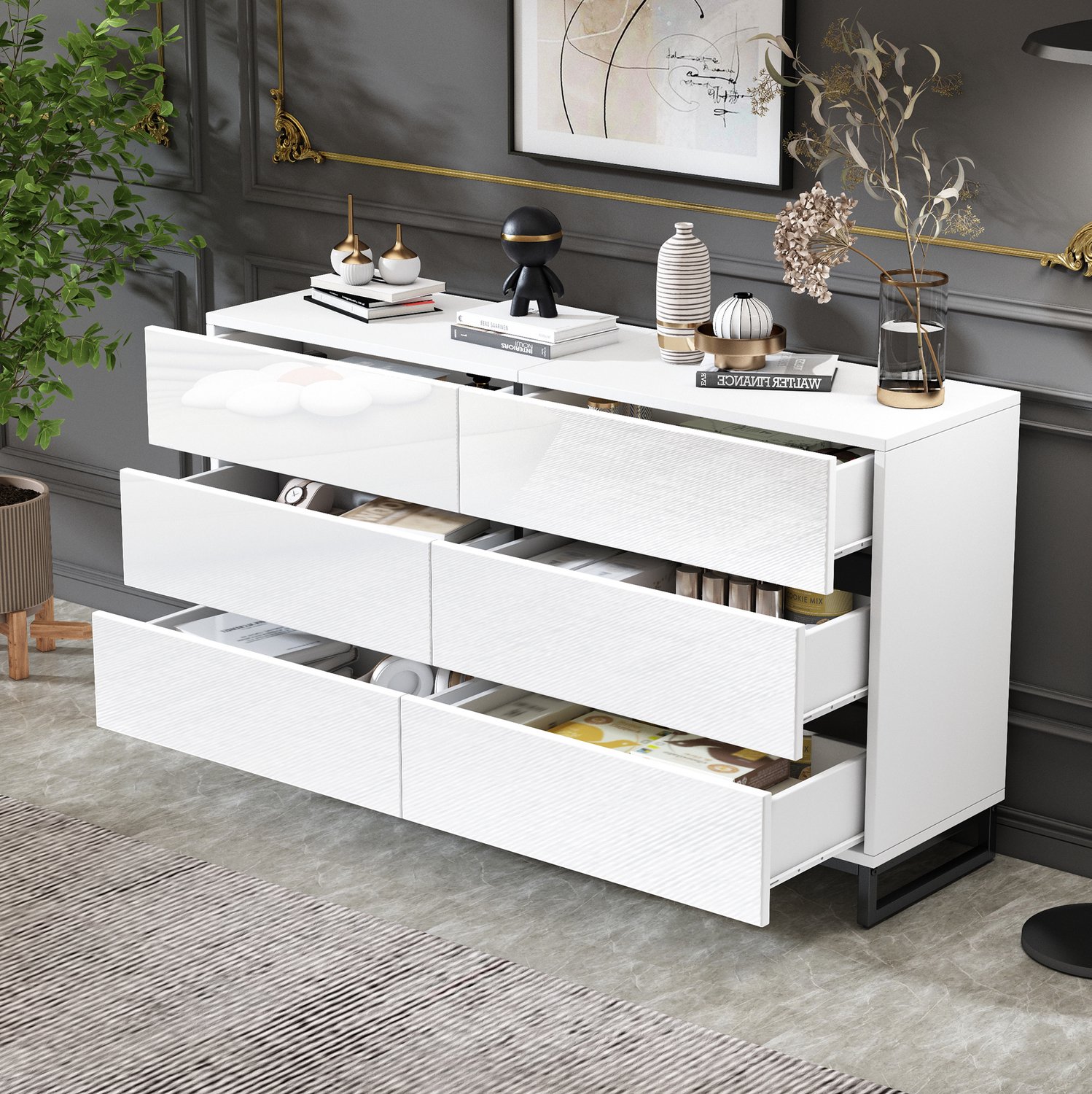 Maisentiel Dressoir met 6 lades - 140 x 39,5 x 78,5 cm - wit en zwart - hoogglans ladefronten