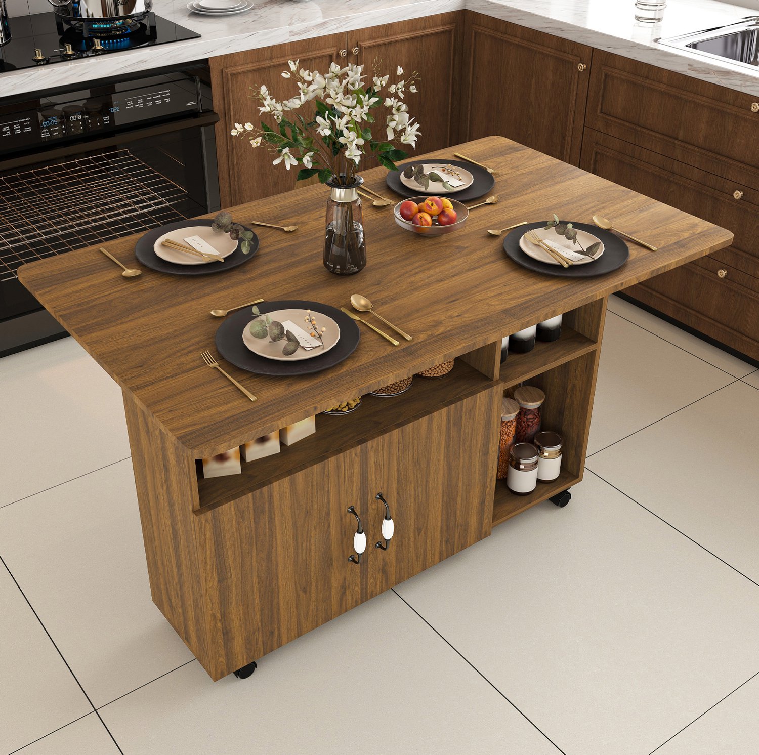 MODENUIT Eettafel - Opklapbaar met 5 Wielen - Voor Keuken en Werkkamer - MDF Walnootkleur - 110x70x80 Cm Licht walnoot
