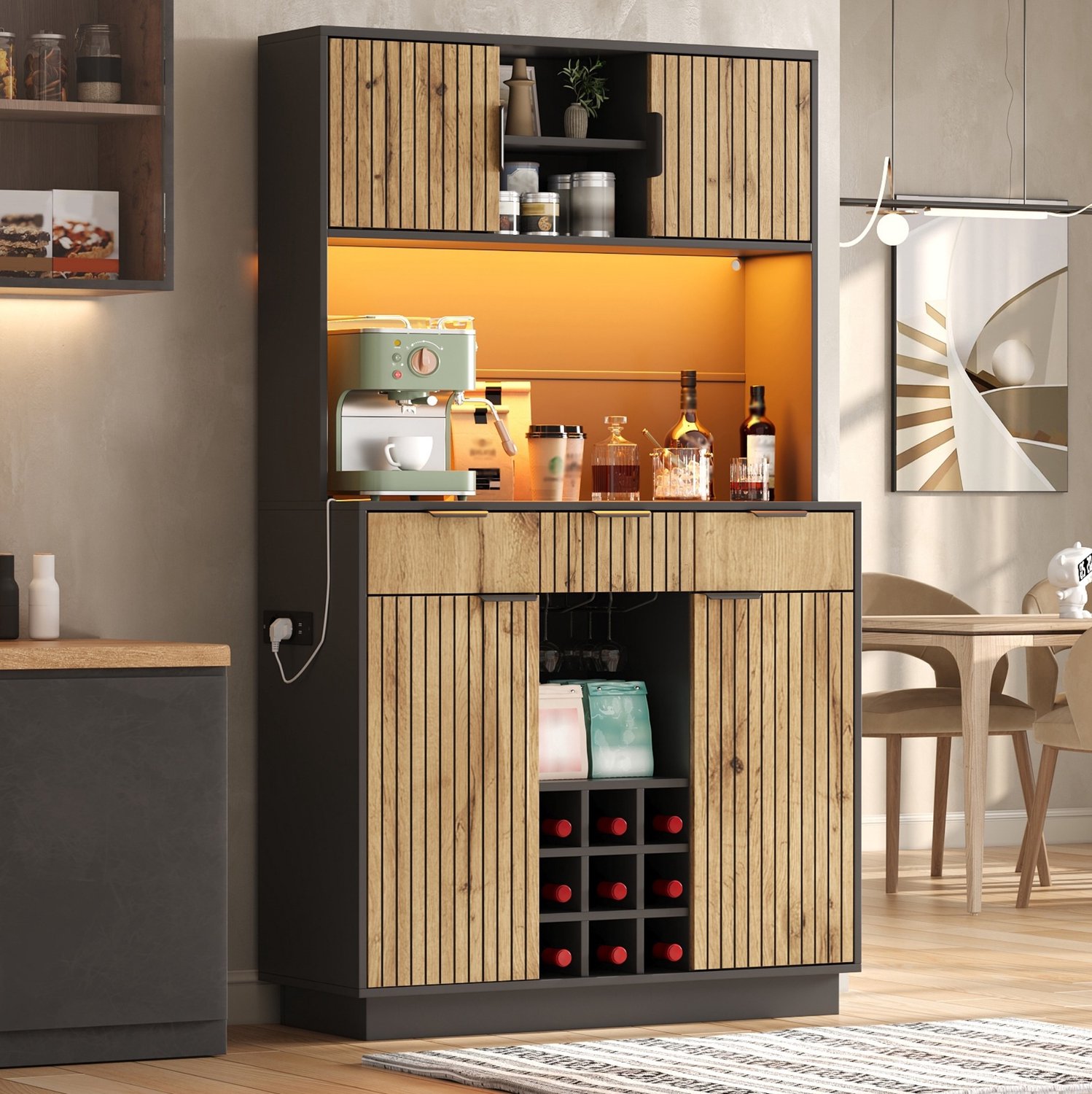 HAUSS SPOLE Keukenkast - Voorraadkast met 3 Lades, Wijnrek en Ledverlichting - voor Keuken en Eetkamer - MDF - 105x40x180 cm - Zwart en Naturel Zwart en naturel houtkleur