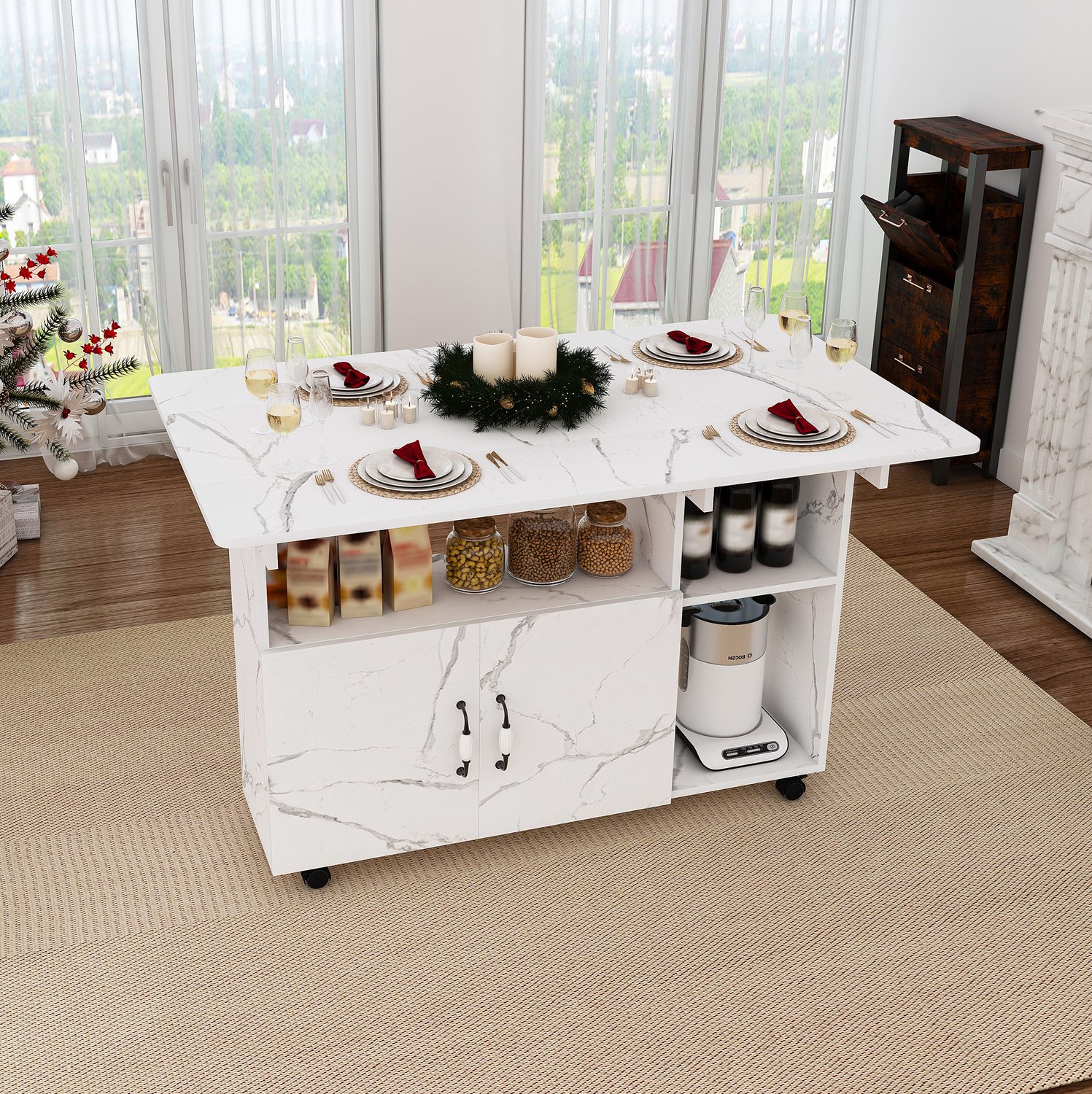 HAUSS SPOLE Eettafel - Verrijdbaar Met Twee Opklapbare Bladen En Opbergruimte - Voor Keuken En Werkplek - MDF - 110x70x80 cm - Wit Marmerlook