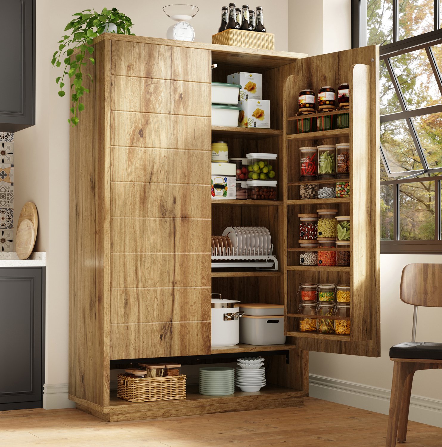 DESMIU Hoge Keukenkast - Acht Vakken en Dubbele Deuren - Voor Keuken en Eethoek - Mdf en Metaal - Licht Eikenlook - 100 x 40 x 162,5 cm Lichte eikenkleur