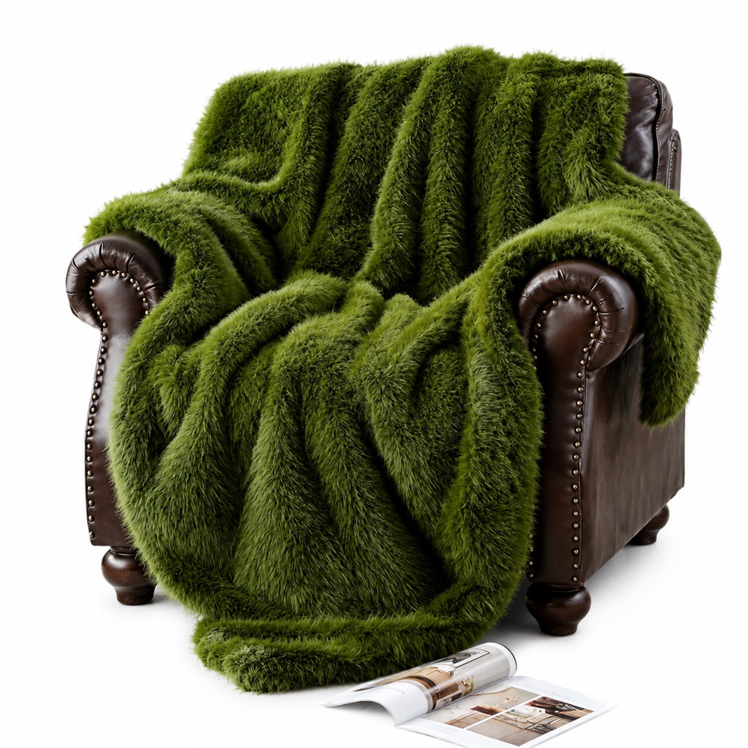 SWGOTA Legergroene plaid van imitatiebont 127 x 152 cm, langharige deken met streeppatroon