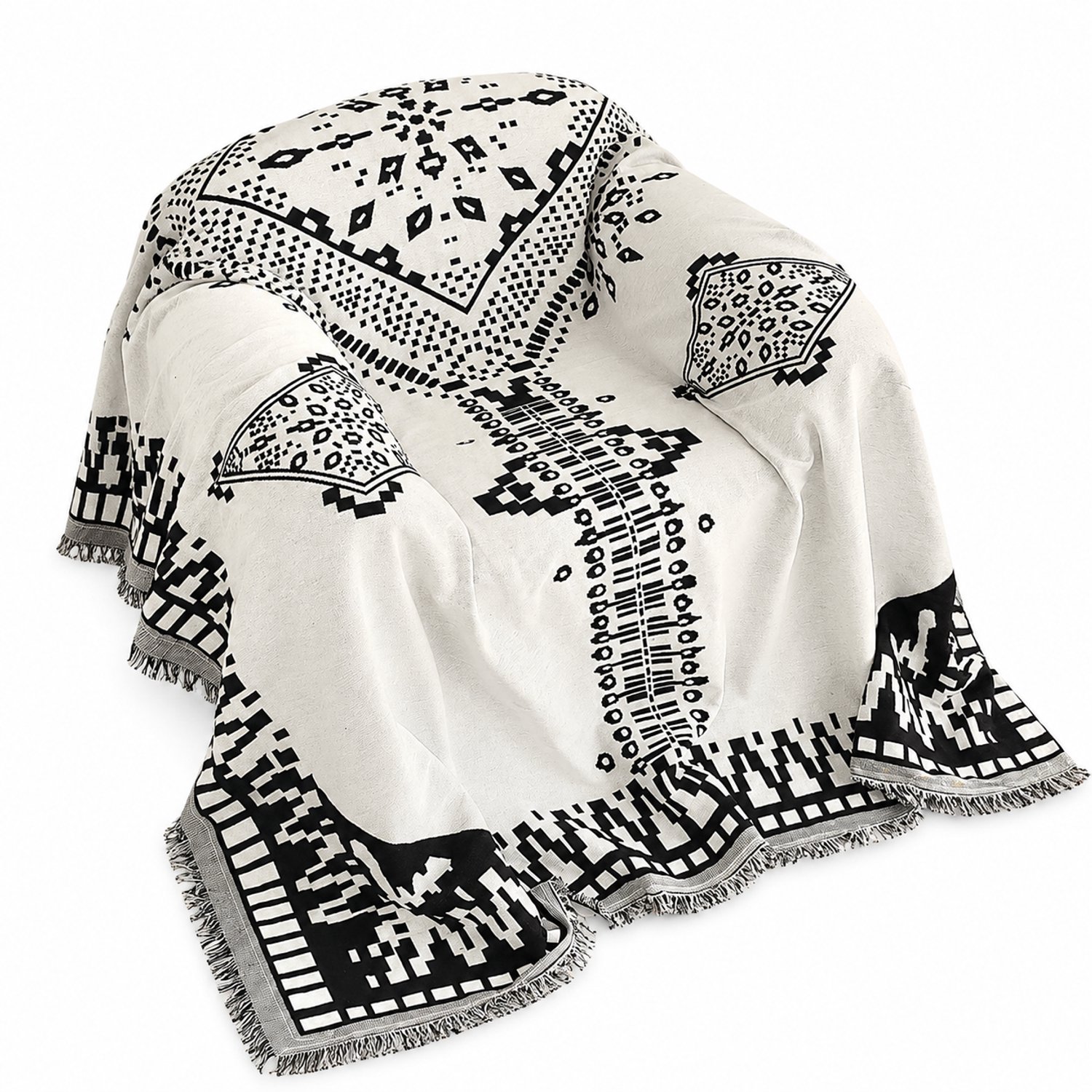 SWGOTA Zwart-wit bankkleed met geometrisch patroon 180 x 340 cm, polyester en katoen Zwart en wit