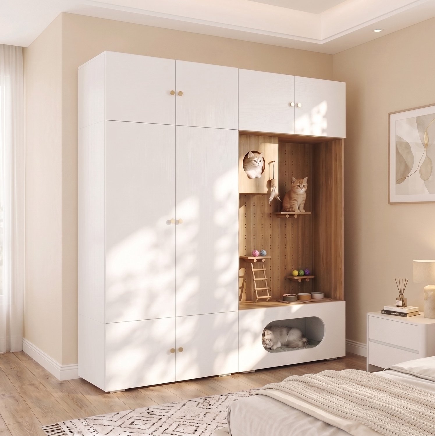 REDOM Kledingkast met kattenkast 180x50x200 cm - Kattenklimwand en kledingroede - Wit en houtlook Wit, houtlook