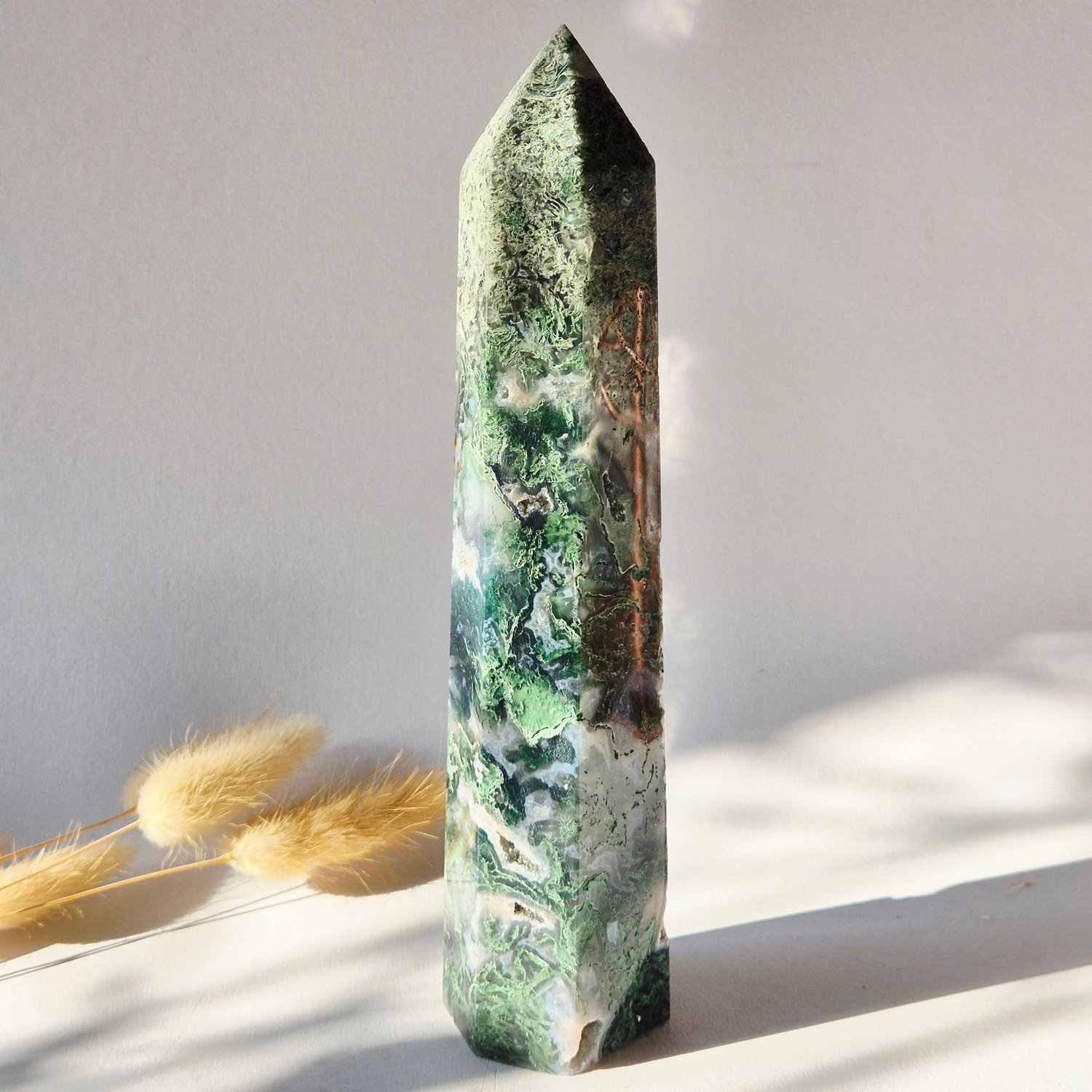 Moonlight Gemstones Mosagaat Toren XXL – 22,5 cm | Uniek Exemplaar Meerkleurig