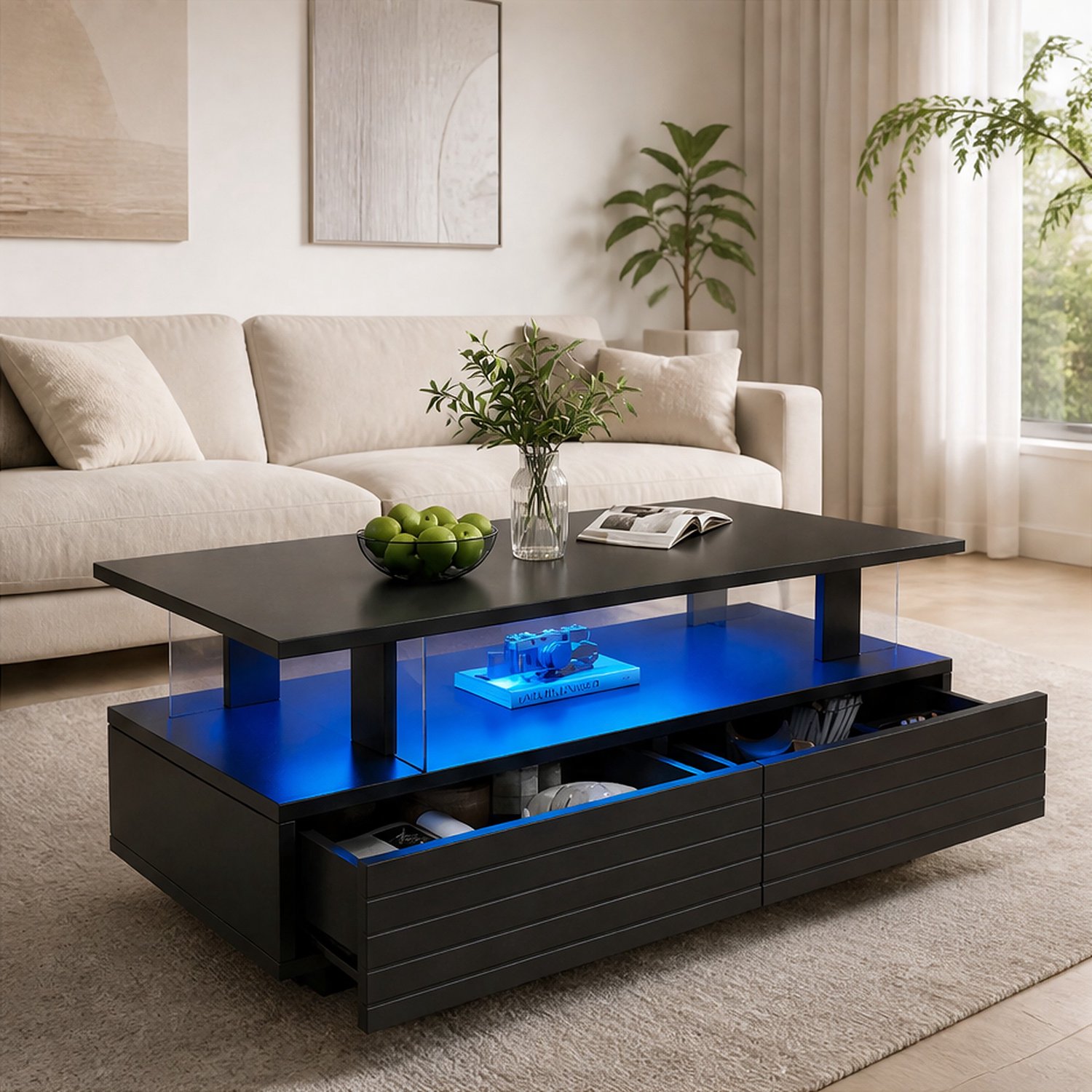 City long dragon LONG DRAGON - Salontafel - 100x50x42 cm zwart - LED met app en afstandsbediening, 2 lades en open plank