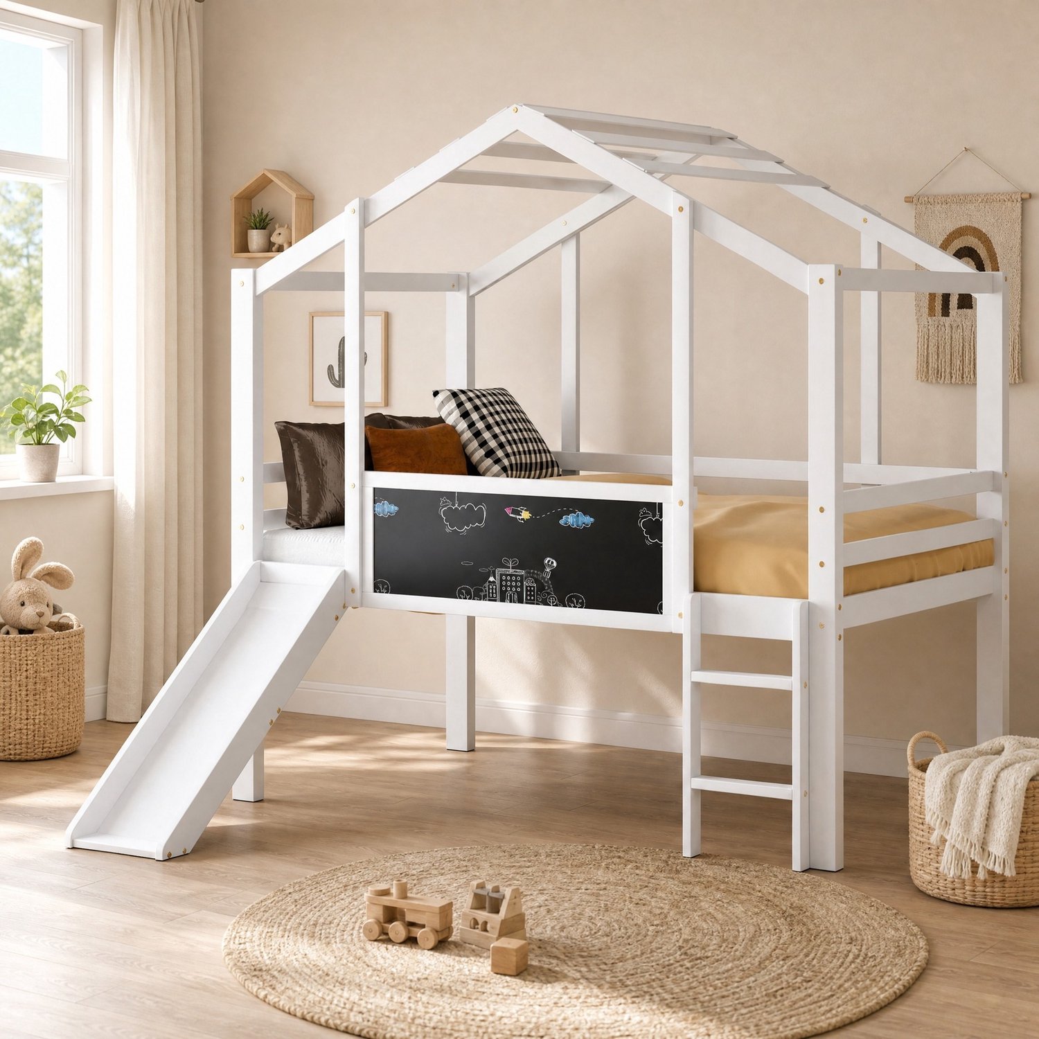 Maisentiel Kinderhoogslaper 90 x 200 cm met glijbaan, krijtbord en ladder - wit
