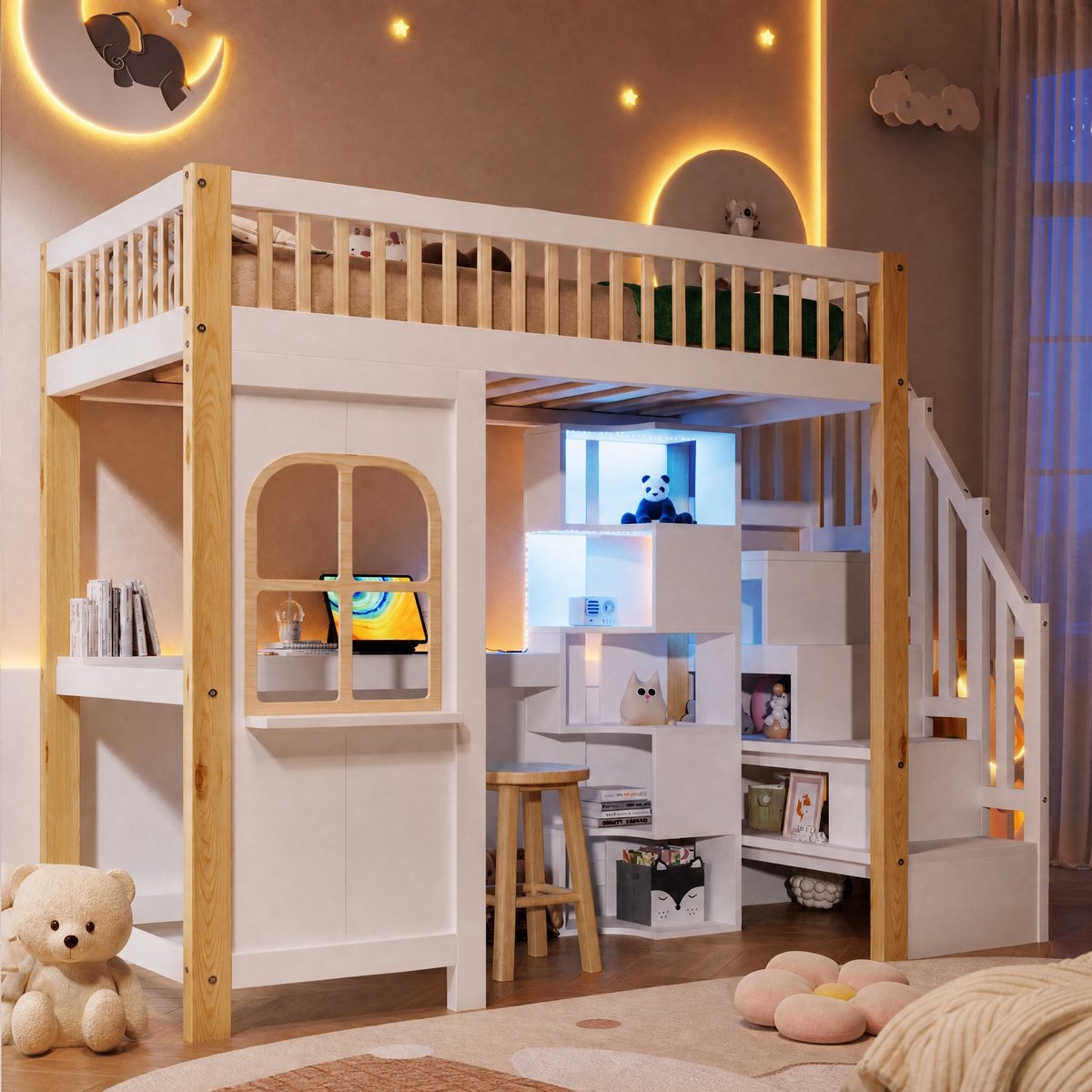 COVREO Hoogslaper met bureau en LED – 90x200 cm – Kinderbed met opbergruimte en trap – voor kinderkamer – Wit naturel - zonder matras Wit + natuur