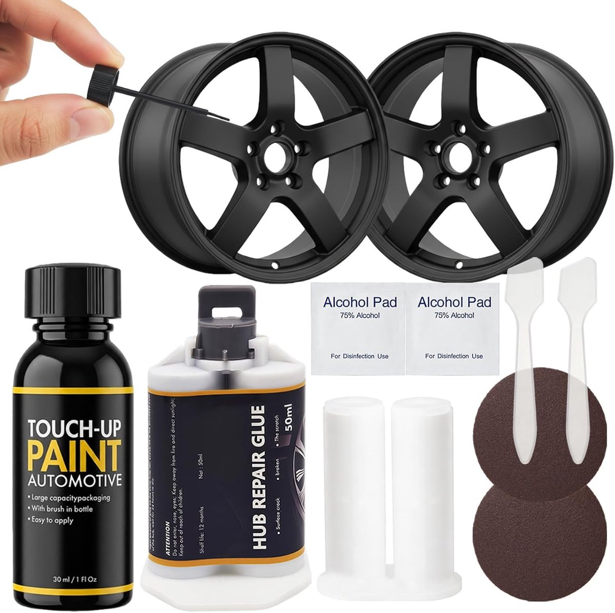 Complete Reparatieset voor Aluminium Velgen, Zwart Glanzende Verf, Inclusief Schadeherstel en Krassenverwijdering, 50 ml