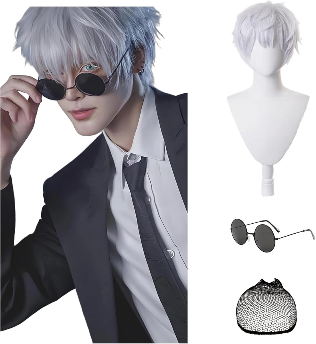 Korte zilveren paarse pruik voor mannen, kostuumpruiken met pruikcap en brillen, synthetisch gelaagd haar voor cosplay, Halloween en carnaval