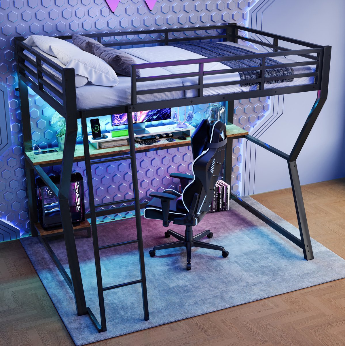 COVREO Hoogslaper met bureau – 90x200 cm – Loftbed met ladder en leuning – Bedframe met LED en USB – Zwart - zonder matras