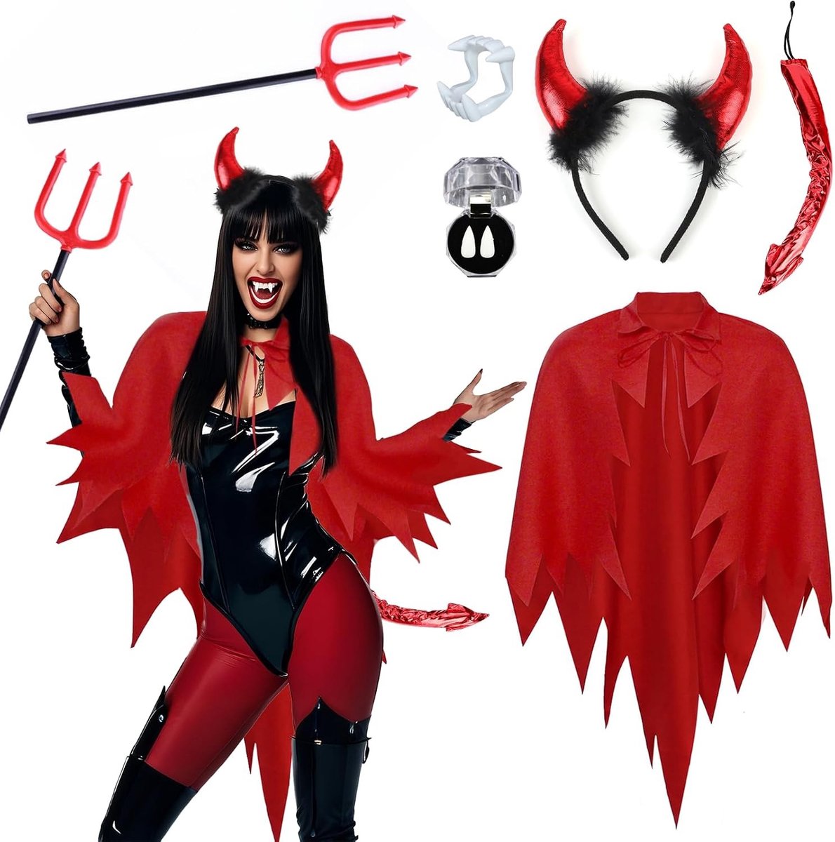 Vrouwelijk duivel kostuum met hoorn, toverstaf, 2 kunsttanden en accessoires voor Halloween, cosplay en feesten