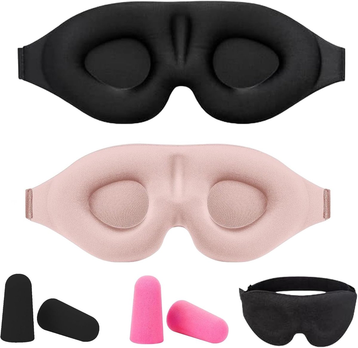 Comfortabel 3D slaapmasker voor optimale nachtrust, 2 stuks oogmaskers (zwart + roze) met oordopjes - perfect voor dutjes en licht blokkeren