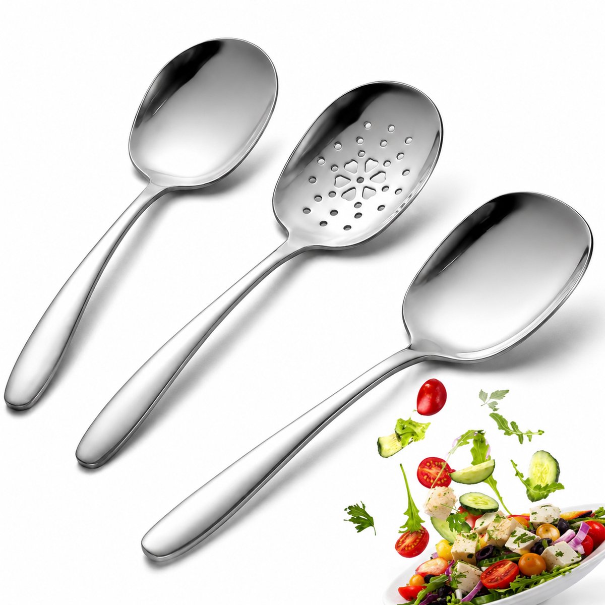 Kaiyaya - 3 stuks Opscheplepel set - Groot formaat roestvrij staal - Zilver hoogglans - 2 lepels + 1 schuimspaan - Voor buffet en keuken