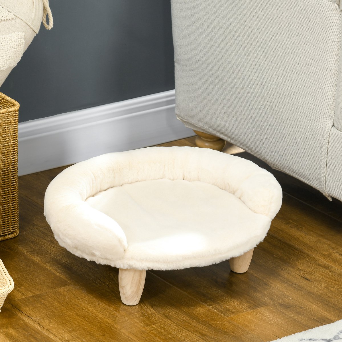 MODFU - Dierenbank - Ovaal - Pluche - Crèmewit - Houten Poten - 47 X 40 X 20 Cm