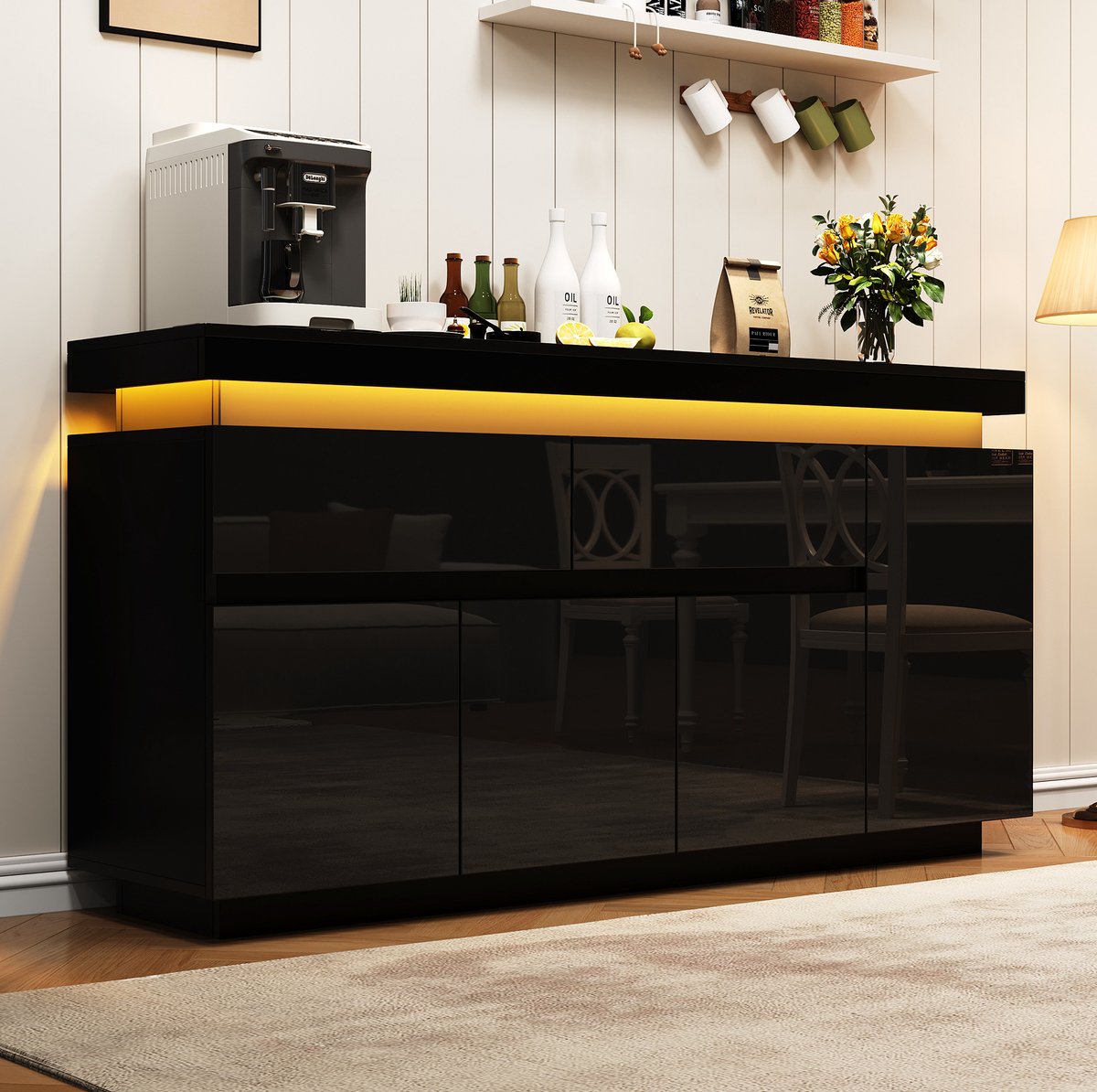 REDOM - Dressoir - 2 laden en 4 deuren - Verstelbare planken - LED-lichtstrip - Moderne stijl - Woonkamer - Spaanplaat - Zwart - 140 x 35 x 72,5 cm