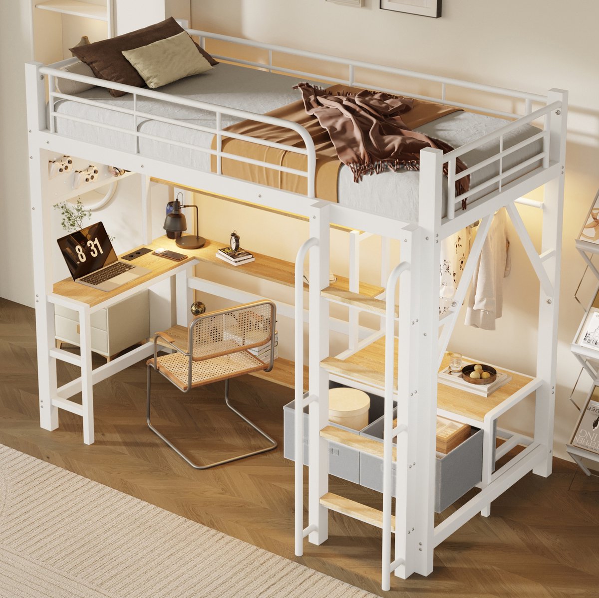 Hoogslaper 90x200 cm - Met Bureau, USB-Aansluiting en Ledverlichting - Met Opbergruimte en Veiligheidsrail - Metaal en MDF - Zonder matras - Wit