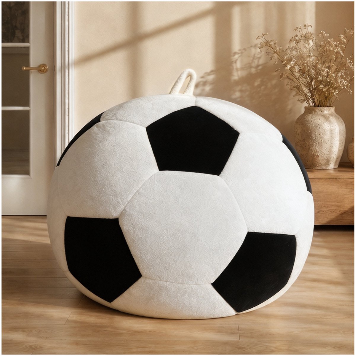 REDOM - Bean bag chair - voetbalvorm - zachte flanellen bekleding - schuimvulling - binnen - Volwassenen - Zwart en Wit - 52 x 43,5 x 31,5 cm
