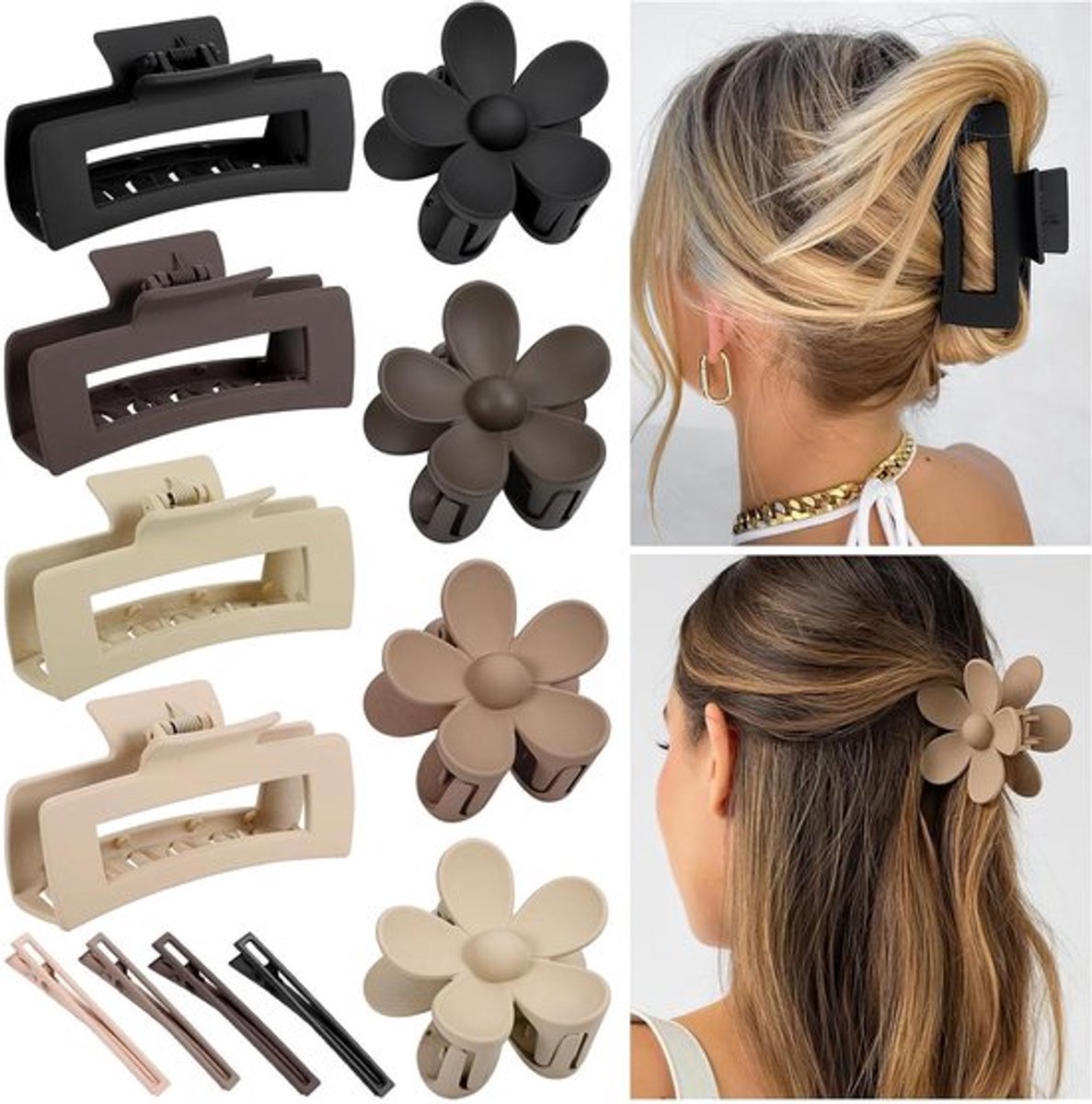 Grote Haarclip Set - 8 Stuks Haarspelden + 4 Stuks Haarclips - Matte Bloem Antislip