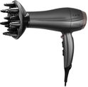 Donkergrijze LAFE haardroger, 2200W, met diffuser en koperkleurige accenten.