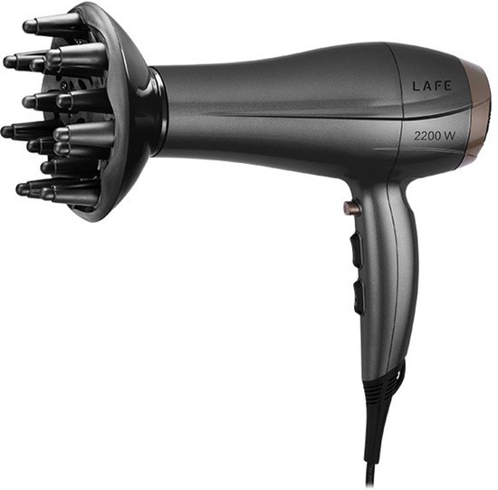 Donkergrijze LAFE haardroger, 2200W, met diffuser en koperkleurige accenten.