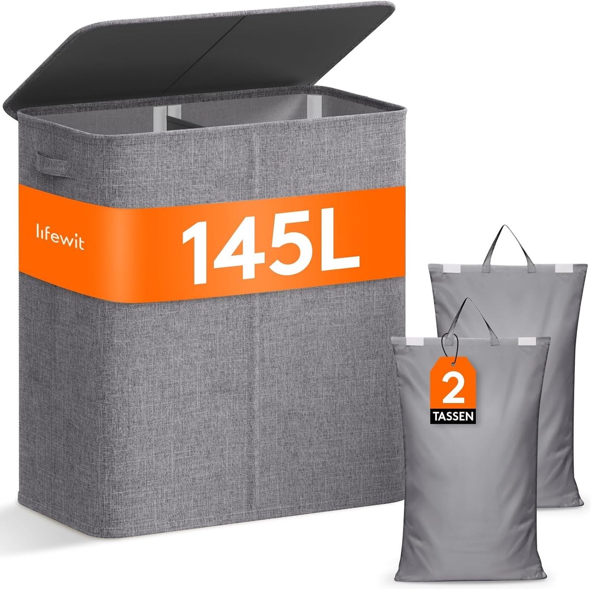 Extra Grote Wasmand met Deksel en Handvat, 2 Gescheiden Vakken, Ideaal voor Wassen, Organiseren en Afvalbeheer, Lichtgrijs