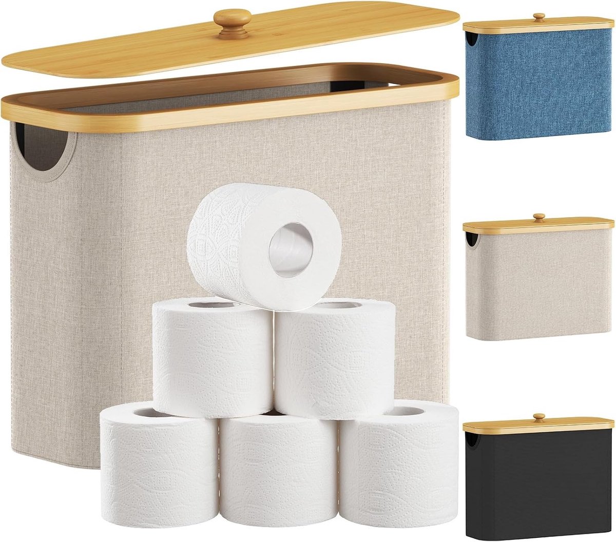 23L Toiletrolopslag, Badkameropslagbox met Deksel, Multifunctionele Bamboe Toiletpapiermand met Handvat, Beige en Ruimtebesparend Ontwerp