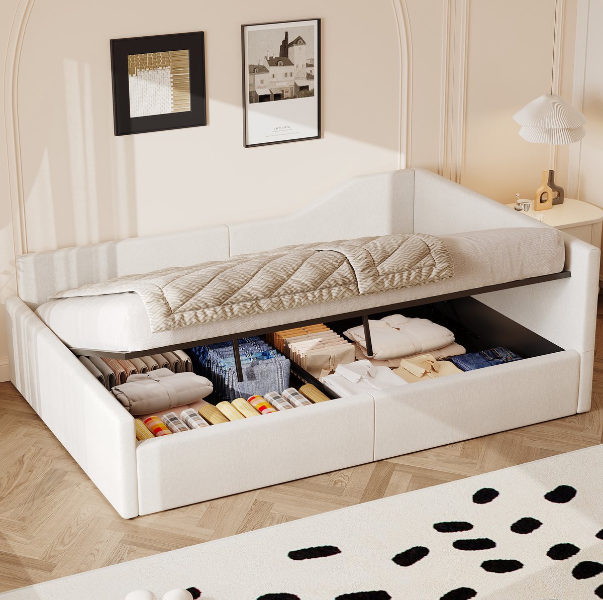 COVREO Slaapbank met opbergruimte – 140x200 cm – Dagbed met rugleuning – Bed voor logeerkamer – Beige - zonder matras
