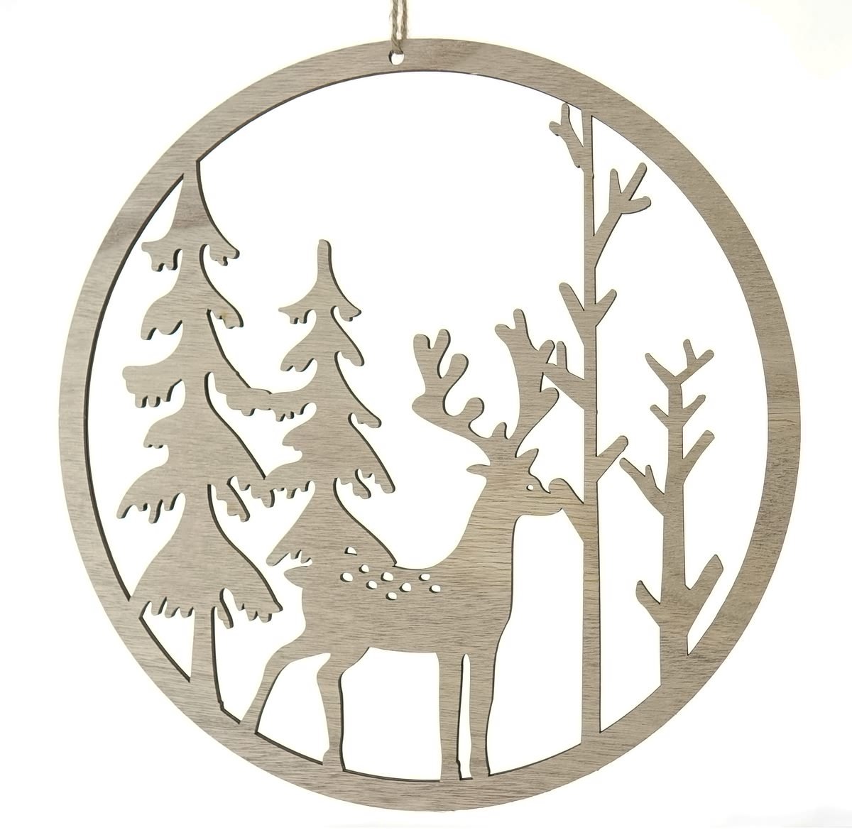 Kaemingk raamdecoratie rond hert en dennen naturel Ø 30 cm - hout