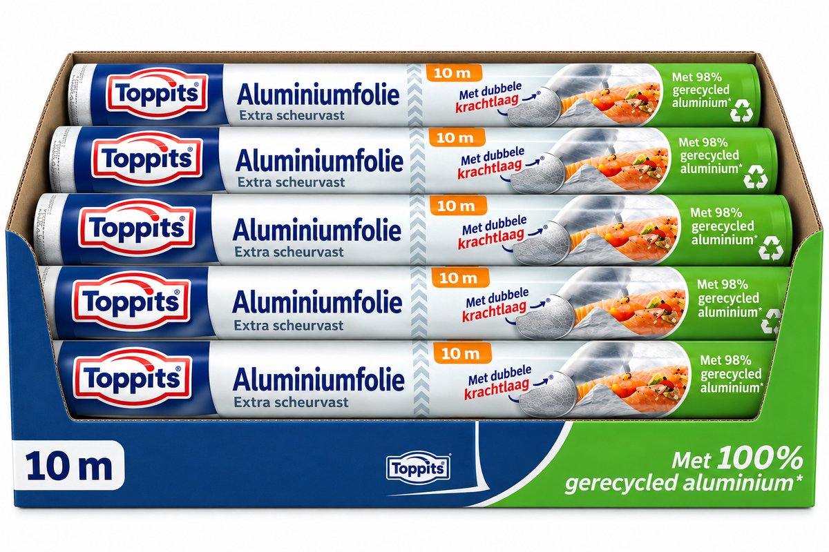 Toppits Aluminiumfolie 10 m – Extra Scheurvast – 5 Rollen – 50 Meter Totaal