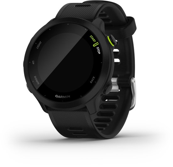 Zwart Garmin Forerunner 55 sporthorloge met een ronde wijzerplaat en zwarte band.