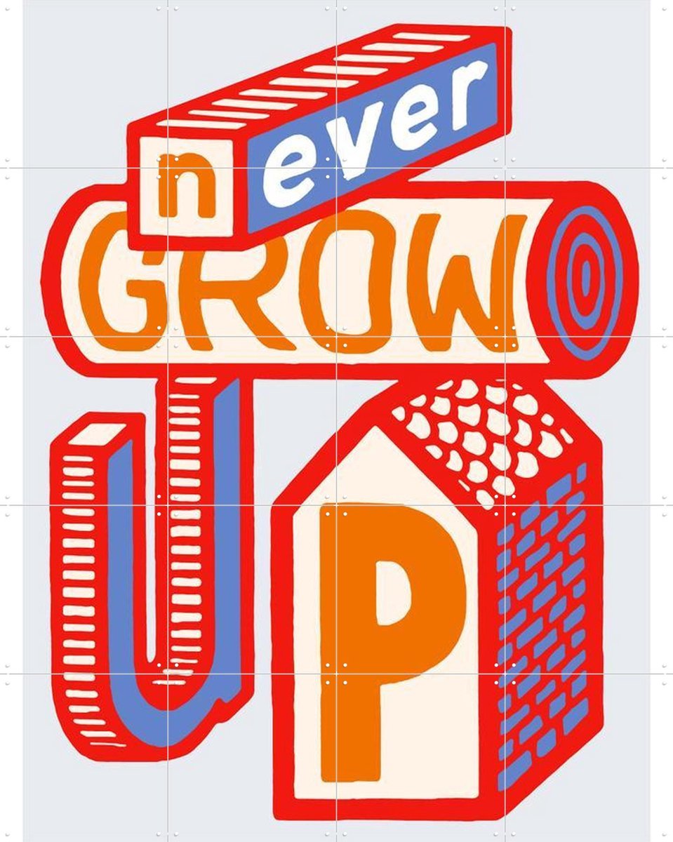 IXXI Never Grow Up, Studio Boot - 80 x 100 cm - Gratis ophangtool - Grote wanddecoratie en posters - Speels, Grafisch Ontwerp, Kleurrijk, Typografie