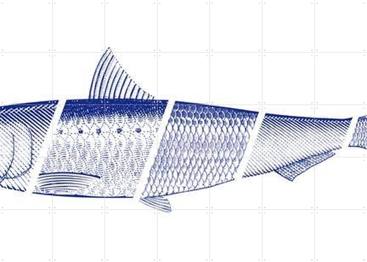 IXXI Blue Fish, Hip en Hanneke - 140 x 100 cm - Gratis ophangtool - Grote wanddecoratie en posters - Illustraties, Grafisch Ontwerp, Houtsnede, Line