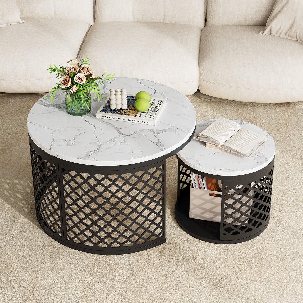 STILVORA Salontafelset – 2-Delig Met Huisdierplek – 70 x 70 x 45 cm en 45 x 45 x 35 cm – Metaal en MDF – Wit – Voor Woonkamer Met Afneembaar Kussen
