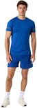 Mannen sportshirt in blauw met groene BORG opdruk op mouwen en shorts.