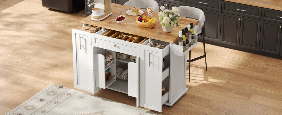 Keukenwagen Met Klapbaar Blad - 3 Lades En 2 Deurvakken - Mobiele Keuken Eiland Voor Keuken En Bar - Mdf - Wit Natuurlijk - 120x70x87 Cm