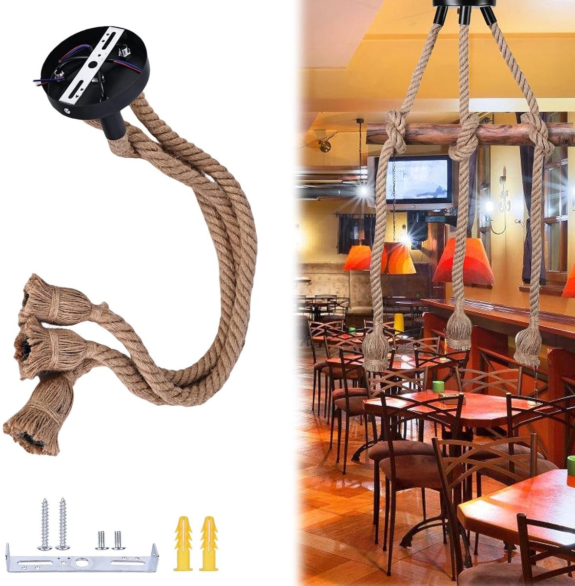 Hennep Touw Hanglamp met 3 Lichten, Vintage Kroonluchter voor Keuken en Woonkamer, E27 Fitting, 100 cm Kabel
